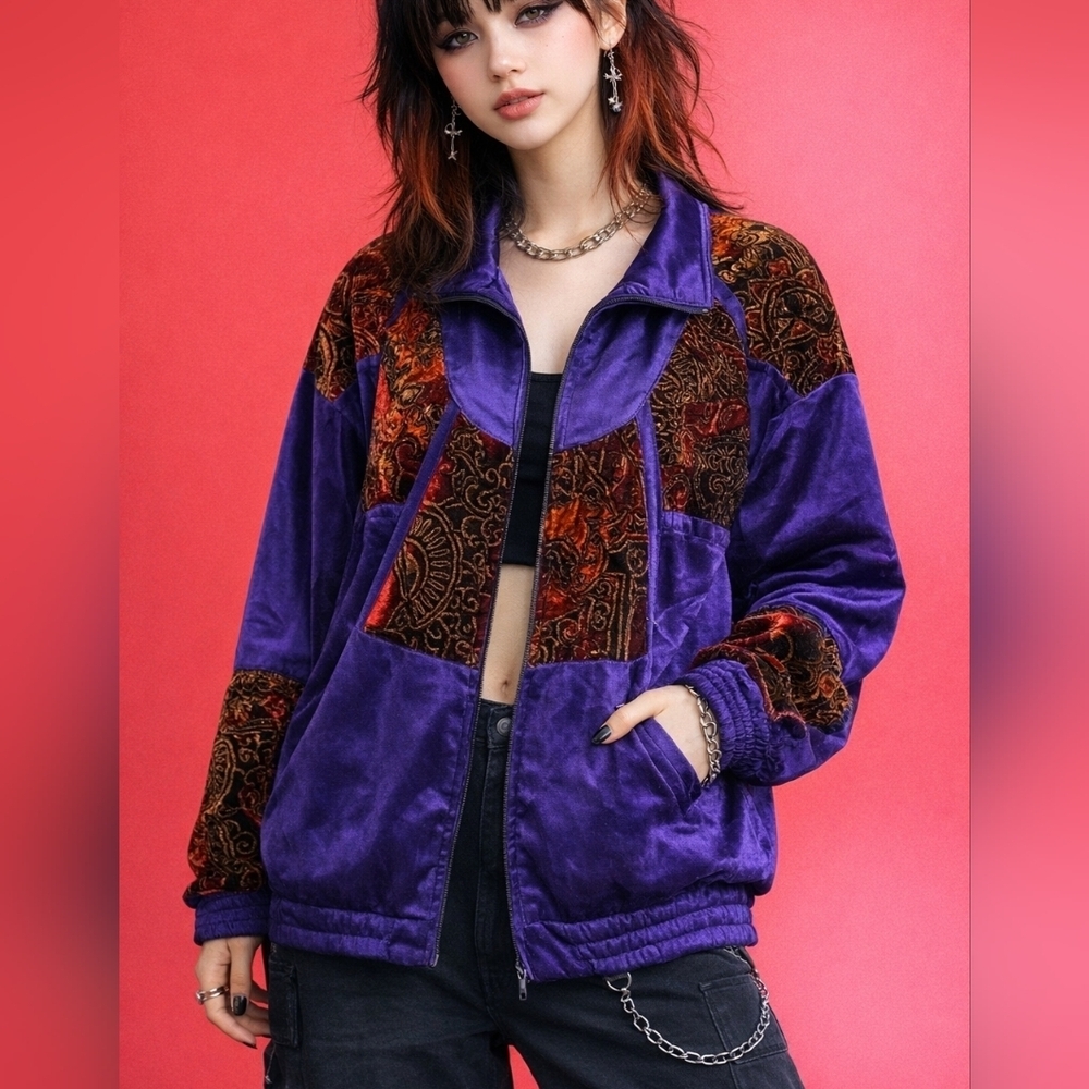 LAVON 1980s Oversized Velvet Patchwork Kidcore Swishy Track Jacket